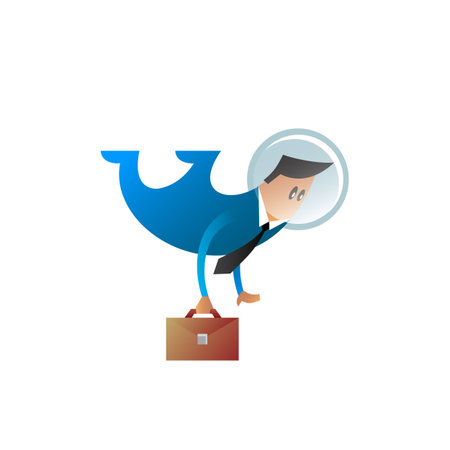 Flat flying character in a suit and tie with space helmet on his head.のイラスト素材