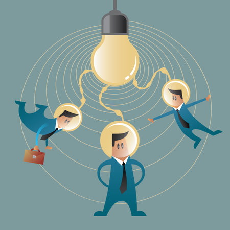 Three flat office men with space helmet on their heads connected to the light bulb. Teamwork and one idea for startups.のイラスト素材