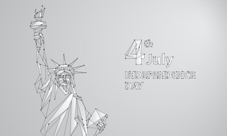 Polygonal mesh Statue of Liberty illustration. Independence Day background for greeting card with a monument in New York City. Vector low poly black lines and dots patriotic banner.のイラスト素材