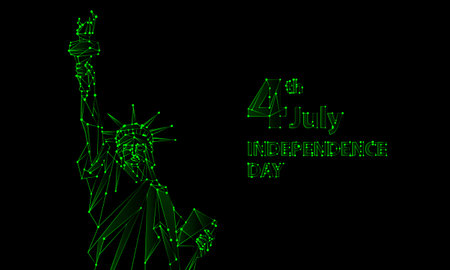 Neon green polygonal mesh Statue of Liberty illustration. Independence Day background for greeting card with a monument in New York City. Vector low poly lines and dots.のイラスト素材