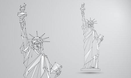 Statue of Liberty illustration. Polygonal mesh Independence Day background with a monument in New York City. Vector low poly black lines and dots.のイラスト素材