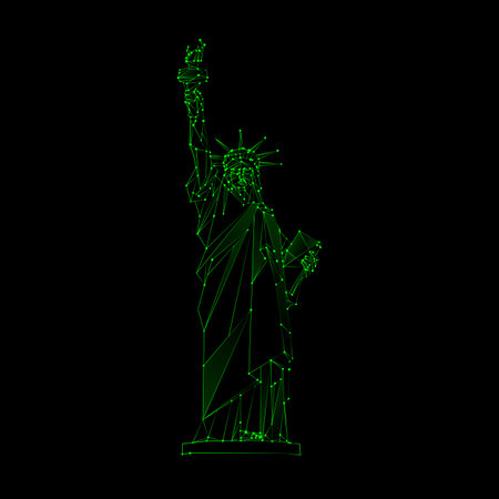 Neon green polygonal mesh Statue of Liberty illustration. Independence Day background with a monument in New York City. Vector low poly lines and dots.のイラスト素材