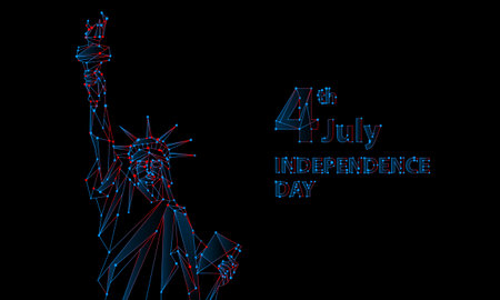 Polygonal mesh Statue of Liberty illustration. Independence Day background for greeting card with a monument in New York City. Vector low poly neon blue and red lines and dots patriotic banner.のイラスト素材