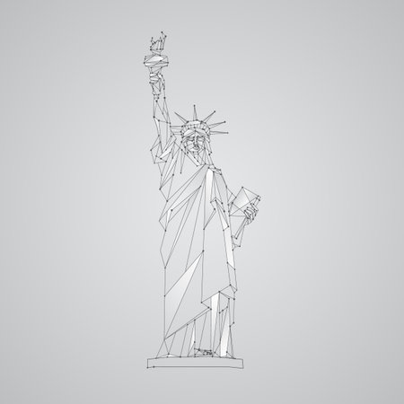 Polygonal mesh Statue of Liberty illustration. Independence Day background with a monument in New York City. Vector low poly black lines and dots.のイラスト素材
