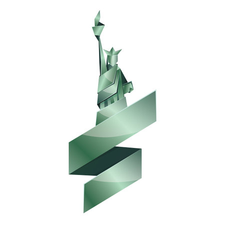 Abstract origami Statue of Liberty illustration. Vector green polygonal statue in New York. Metal origami Independence day background with ribbon. Fourth of July template for greeting card.のイラスト素材