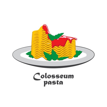 Pasta on a plate that looks like a Colosseum. Italian restaurant template.のイラスト素材