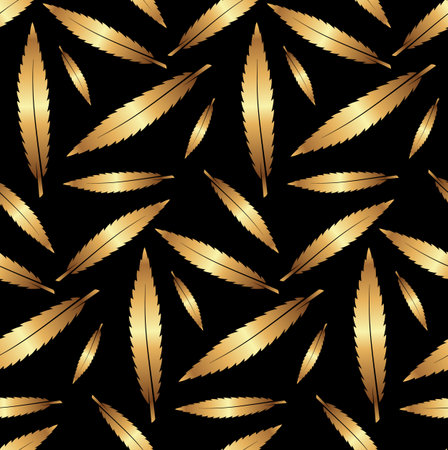 Seamless gold leaves pattern on black background. Packing or wrapping paper design texture template.のイラスト素材