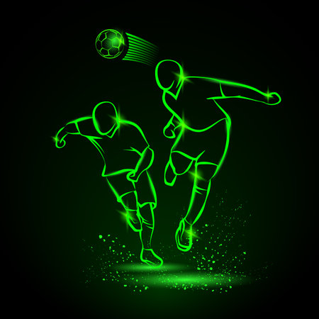 Two football players fighting for the ball. Green neon illustration of soccer player that hitting the ball by his head. Sport energy background.のイラスト素材