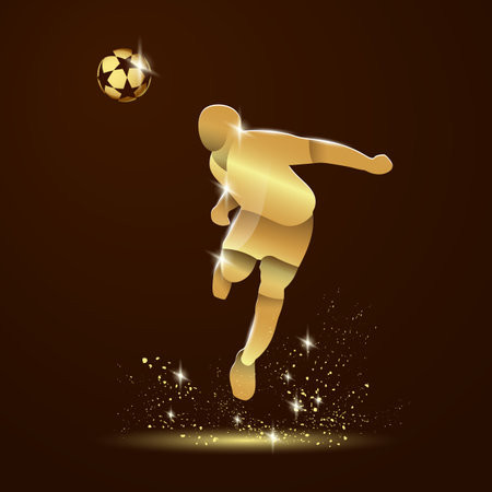 Abstract illustration of soccer player that hits the ball by his head. Vector golden silhouette of a footballer in the jump and gold soccer ball on a dark background.のイラスト素材