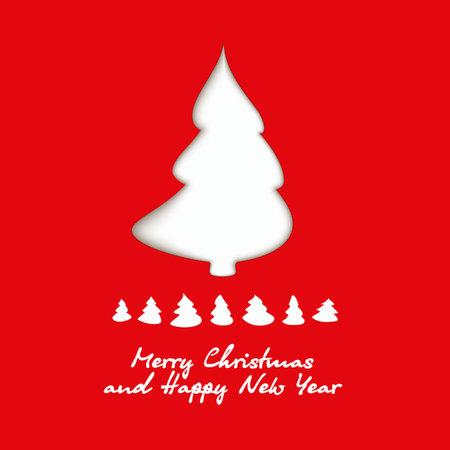 White Christmas tree on red background. Origami paper cut silhouette of a tree. Template for greeting card for New Year's greetings.のイラスト素材