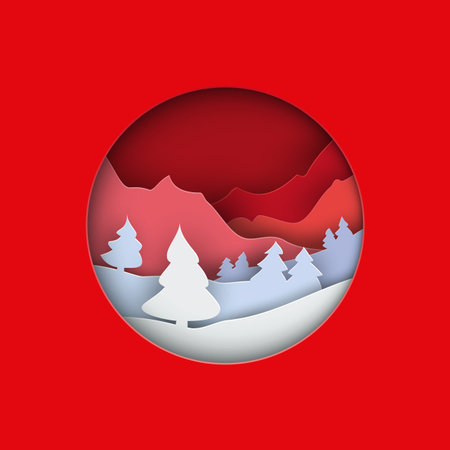 Paper crafts winter landscape with trees and mountains in the layers. Christmas origami paper cut illustration. White and red New Year template for greeting card, calendar.のイラスト素材