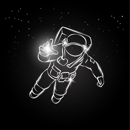 Astronaut flying in space and catches the light in his hand. Vector illustration spaceman on the star background.のイラスト素材