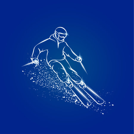 Skier on a mountain slope with snow spray effect. White ski sport illustration on a blue background.のイラスト素材