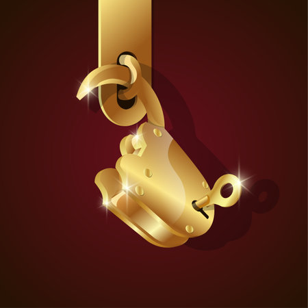 Golden open padlock with key in the keyhole. Vector 3d illustration with open lock.のイラスト素材