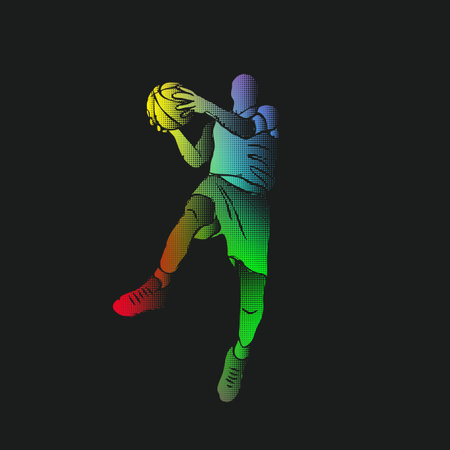 Basketball player jumping with the ball. Halftone abstract sports background. Silhouette of basketball player of the particles.のイラスト素材