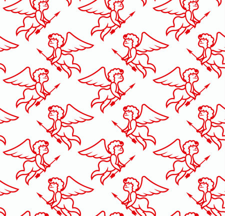 Seamless love pattern with red cupid on a white background. Vector Amor illustration for a card on Valentine's Day. Wedding decoration with an angel.のイラスト素材