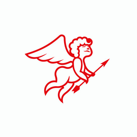 Red Line Cupid with an arrow on a white background. Vector Amor illustration for a card on Valentine's Day. Wedding decoration with an angel.のイラスト素材
