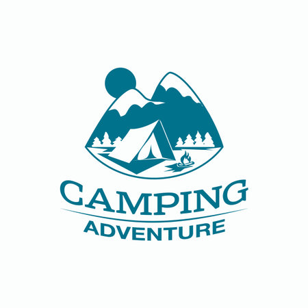 Camping and outdoor adventure logo. Monochrome tourism emblem with a tent, campfire and mountain landscape.のイラスト素材
