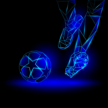 Polygonal Football Kickoff illustration. Soccer player hits the ball. Sports blue neon background.のイラスト素材