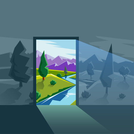The door into the real world. Flat style landscape illustration with valley, mountains and river. Changing seasons and weather.のイラスト素材