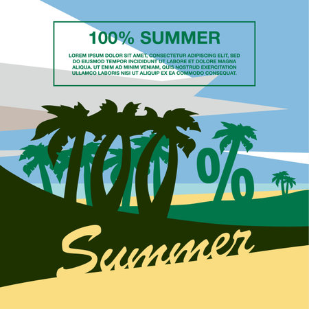 Summer beach with palm trees. One hundred percent banner text. Summer flat geometric landscape.のイラスト素材