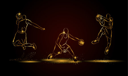 Basketball players set. Golden linear basketball player illustration for sport banner, background and flyer.のイラスト素材
