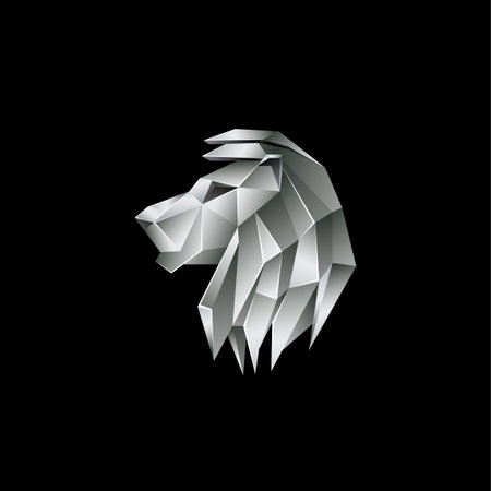 Silver metallic lion head. Polygon style lion logo on a black background.のイラスト素材