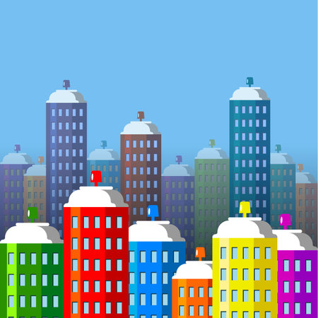 City buildings of spray paint. Aerosol cans like skyscrapers. Flat style vector illustration.のイラスト素材