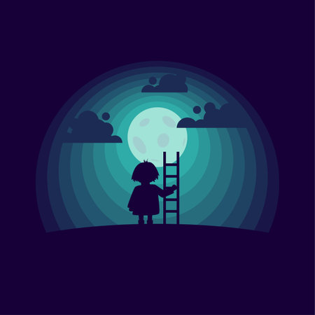 Child with a stepladder on the moon background. Flat style conceptual illustration.のイラスト素材