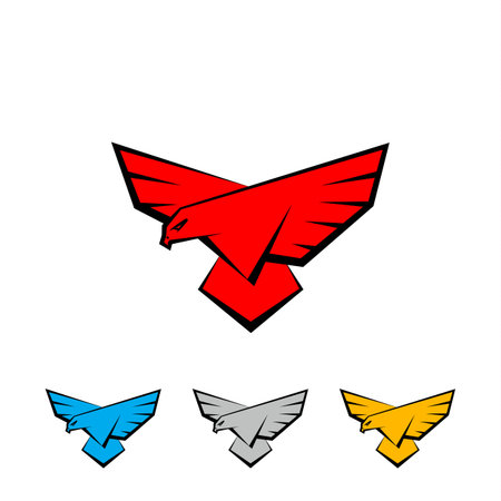 Falcon logo set. A bird with large wings is landing. Flat vector logo template with a bird of prey, falcon or eagle.のイラスト素材