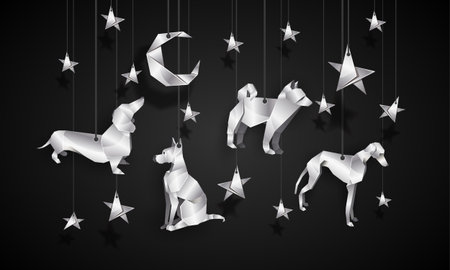 Silver origami dogs in the night sky. Chinese New Year illustration.のイラスト素材