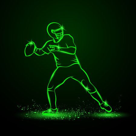 American football quarterback throws the ball. Green Neon Sports Vector Illustration.のイラスト素材