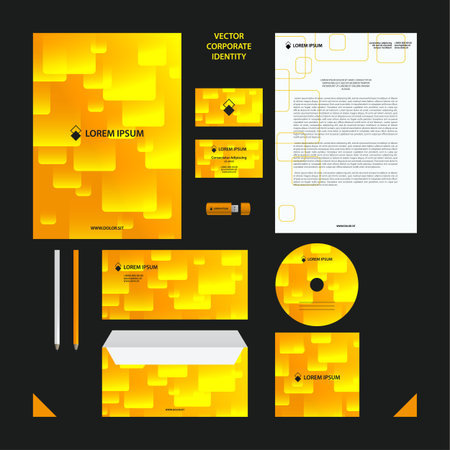 Corporate Identity business template. Company style set in yellow tones with transparent tiles pattern.のイラスト素材