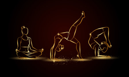 Yoga poses set. Golden linear yoga illustration for sport banner, background and flyer.のイラスト素材
