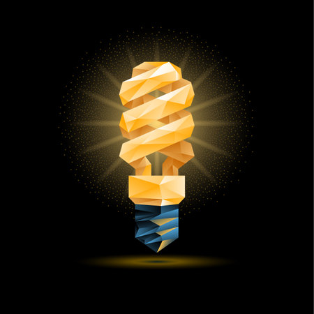 Glowing yellow 3d low poly fluorescent light bulb model. Vector polygonal bulb illustration on a black background.のイラスト素材