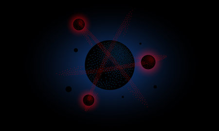Halftone 3d black molecule with red atoms. Dotwork science and technology background.のイラスト素材