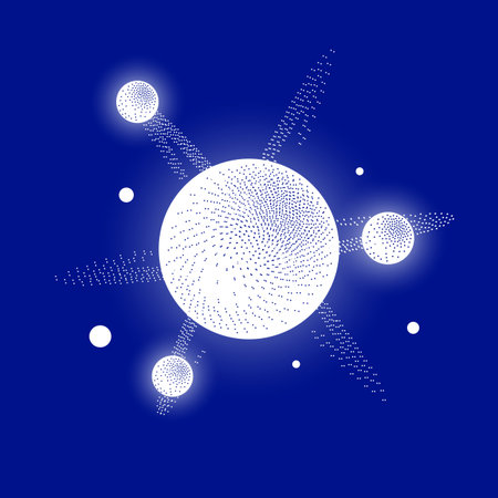 Halftone 3d white molecule with a nucleus and atoms on a blue background.のイラスト素材