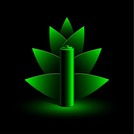 Green neon battery and branch of leaves illustration in neon light on a black background.のイラスト素材