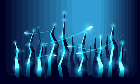 Night polygonal city of the future. Conceptual abstract illustration with skyscrapers in blue neon light.のイラスト素材