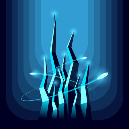 Low poly skyscrapers and flying vehicles of the future in the night.のイラスト素材