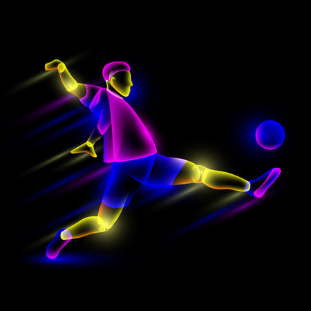 Soccer player hits the soccer ball. Abstract neon transparent overlay layers look like a virtual football player character.のイラスト素材