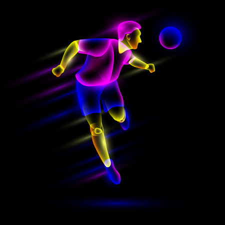 Soccer player head shooting the soccer ball. Abstract neon transparent overlay layers look like a virtual football player character.のイラスト素材