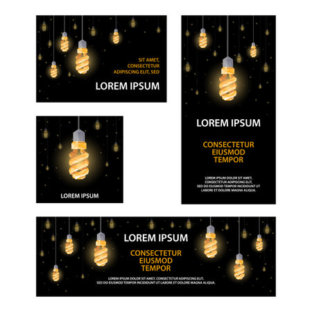 Polygonal fluorescent light bulbs banners set. Lighting decor with low poly lamps for banner, cover, flyer, announcement, invitation, background.のイラスト素材
