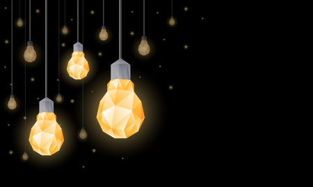 Polygonal light bulbs hanging from the ceiling. Lighting decor with low poly lamps for banner background.のイラスト素材