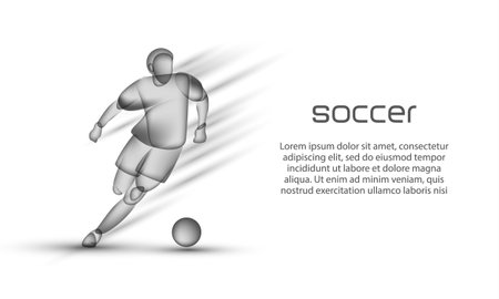 Soccer player dribbling with a ball. Football banner with a transparent black silhouette of a soccer player on a white background.のイラスト素材