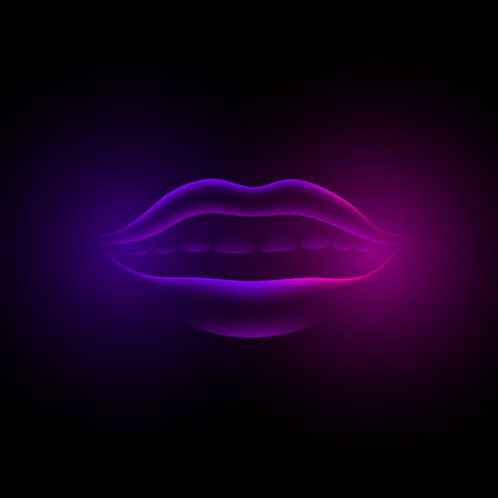 Neon violet glowing female lips. 3d fluorescent virtual girl mouth on a black background.のイラスト素材