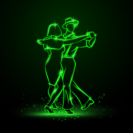 Couple dancing foxtrot. Vector green neon illustration.の販売画像