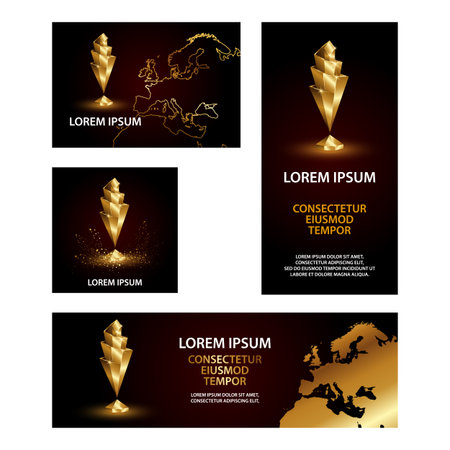 Golden Low Poly Sports Nations League Cup Banners set. Abstract Polygonal 3D Sports Trophy background for banner, cover, flyer, announcement, invitation.のイラスト素材