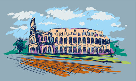 Roman Coliseum. Sight in Rome, Italy. Hand drawn color vector sketch.のイラスト素材