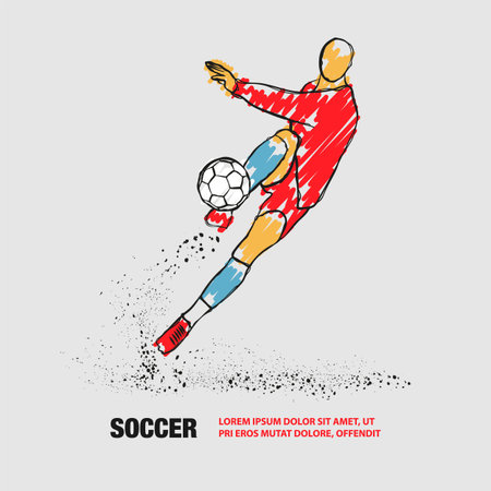 Soccer player hits the ball. Front view. Vector outline of soccer player with scribble doodles.のイラスト素材